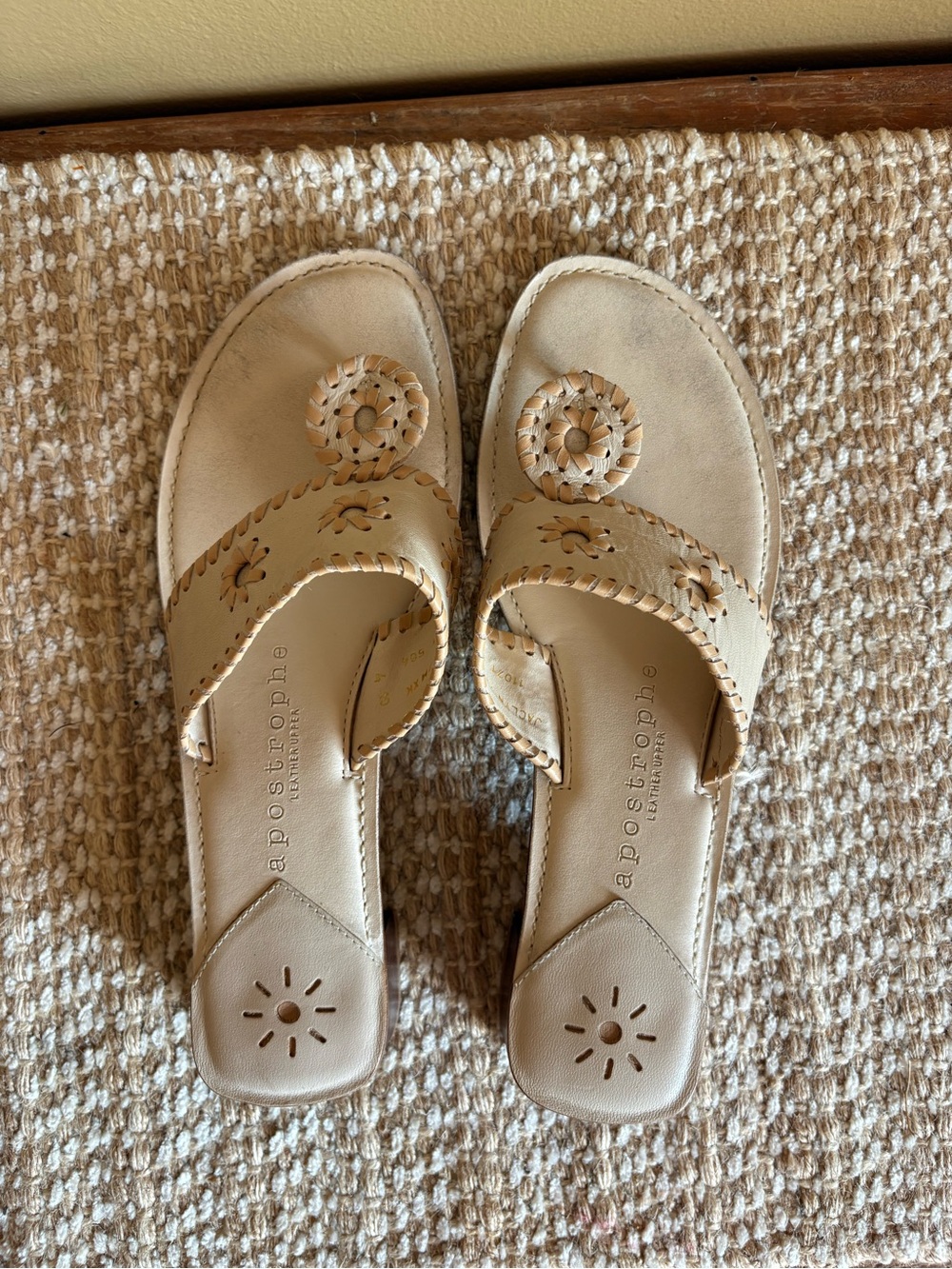 Apostrophe Boho Cream Leather Thong Sandals with Floral Accents and Block Heel